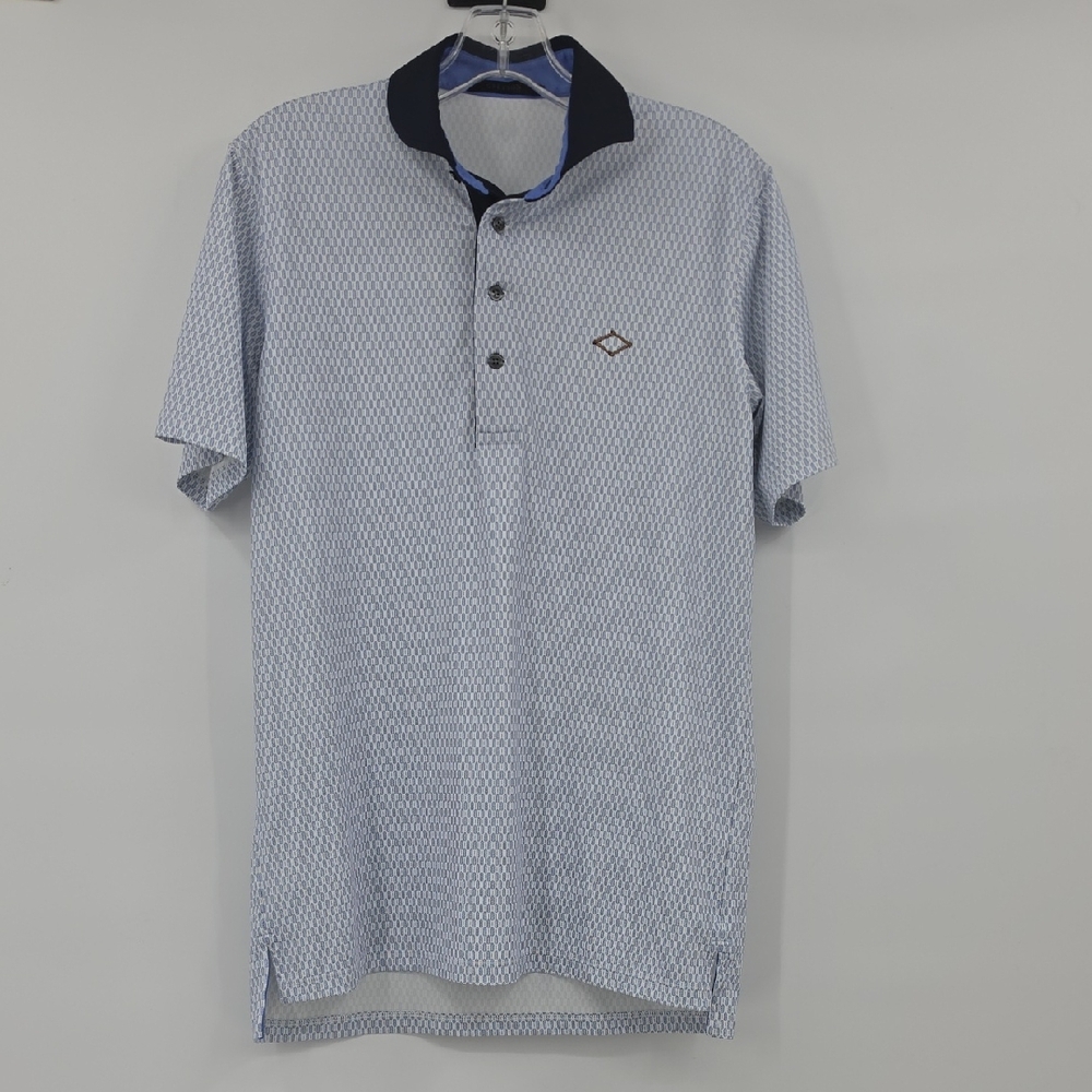 Greyson Light Blue Patterned Polo with Navy Collar Size S